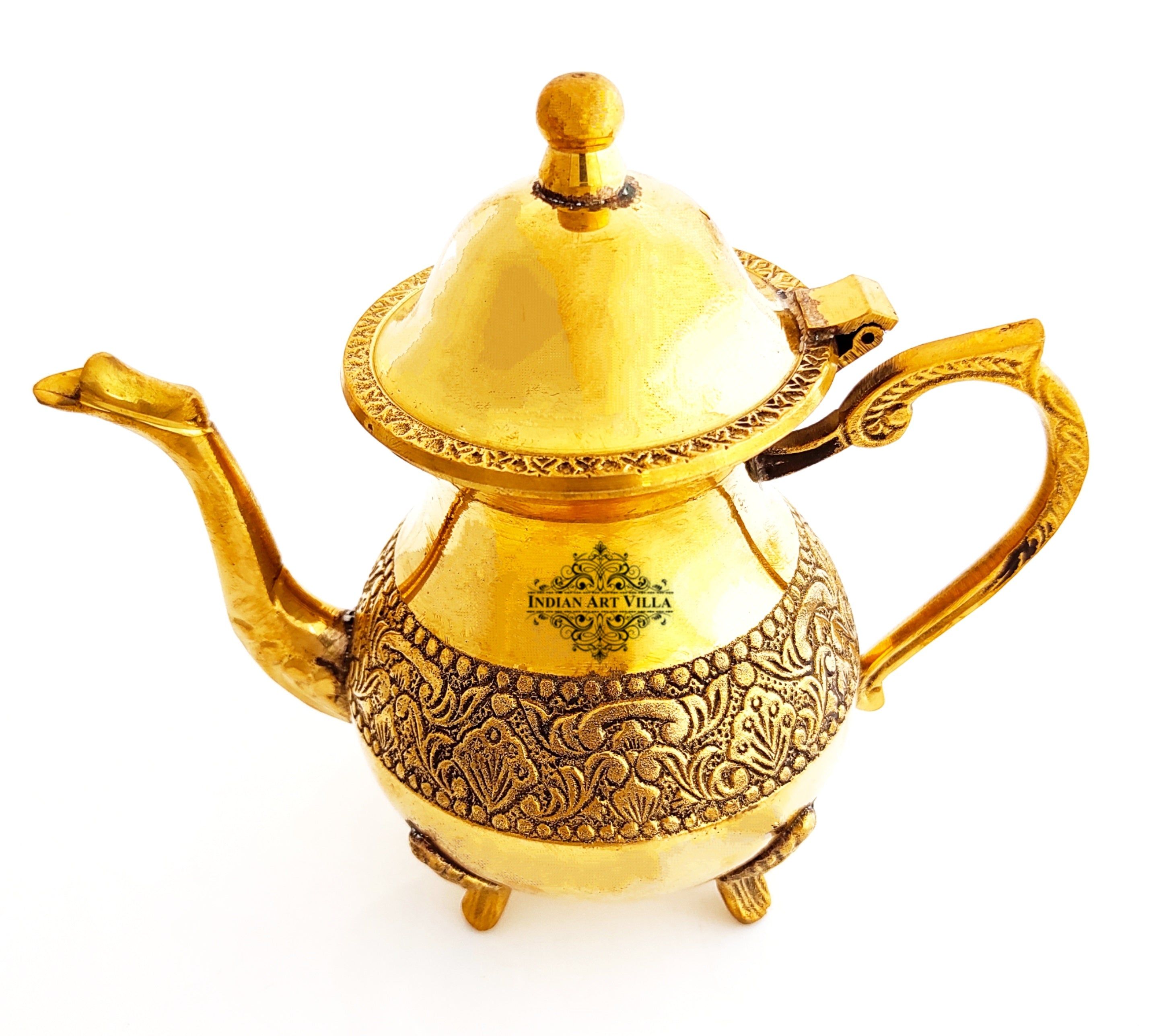 Designer Embossed Mughlai Brass Tea Kettle Pot Inside Tin Lining, Serving Tea Coffee, Tableware, 500 ML